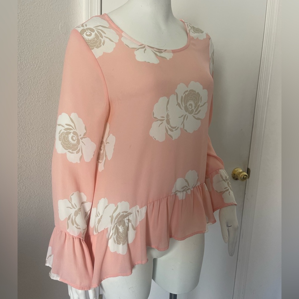 A.N.A. Fushsia Floral Long Bell Sleeves Ruffle Blouse Size M - Picture 2 of 7